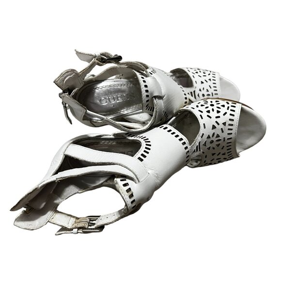 Guess Agenta White Leather Wooden Wedge Heels Sz 6.5 Womens Open Toe Ankle - Picture 5 of 16